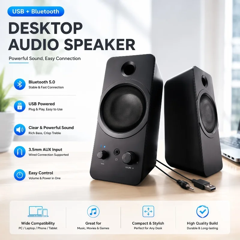 Desktop Bluetooth Speaker Mini Stereo Portable 2.0 Computer USB PC Speaker