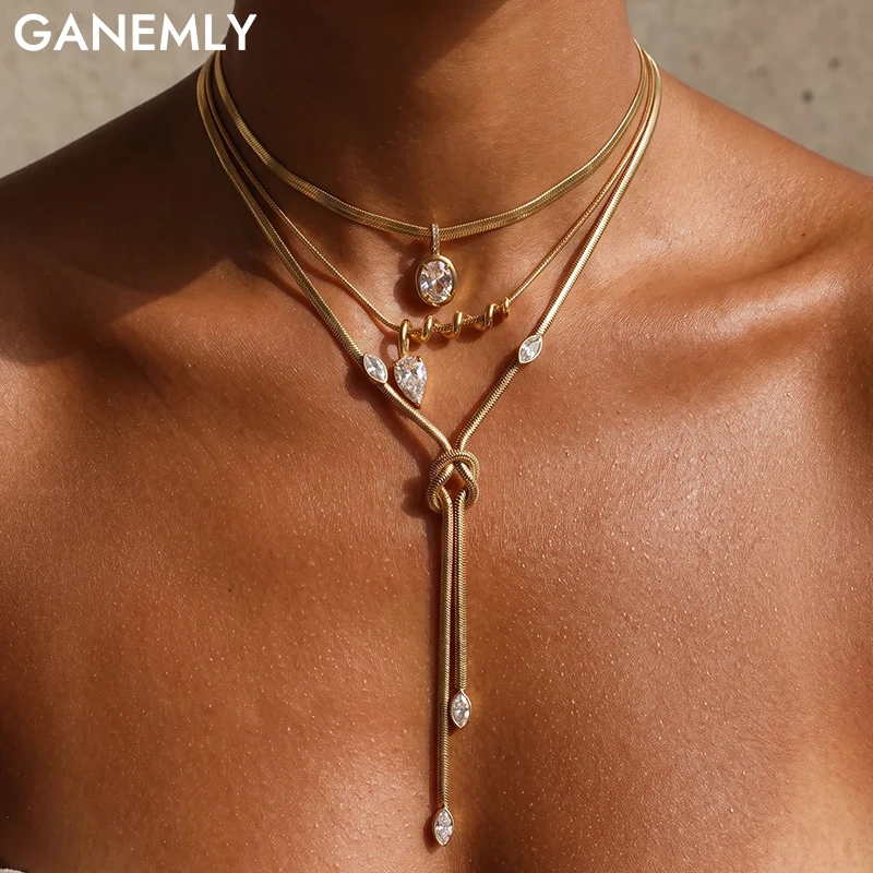 GANEMLY Delicate Shiny AAA Cubic Zirconia Collar Pendant Necklace For Women Fashion Sweet Chic Stainless Steel Jewelry Gift