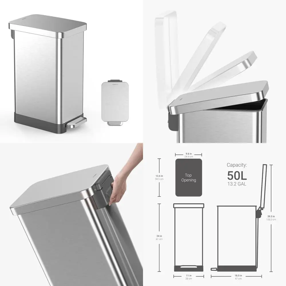 

Кухонный мусорный бак из нержавеющей стали объемом 50 л с мягкой крышкой, устойчивый к отпечаткам пальцев, съемный вкладыш, тонкий дизайн для простого использования