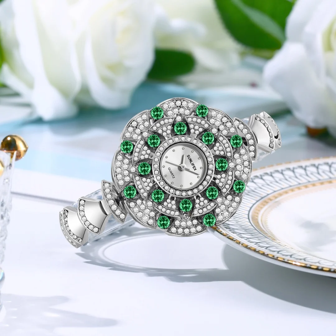 Серебряные часы с цветком, женские кварцевые наручные часы, роскошные часы-браслет, женские часы, женские часы со стразами и бриллиантами Reloj