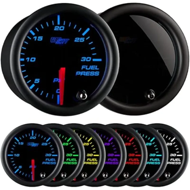 

GlowShift Tinted 7 Color 30 PSI Fuel Pressure Gauge Kit for Diesel Trucks - Multi-Color Display - Black Dial - 2-1/16" 52mm
