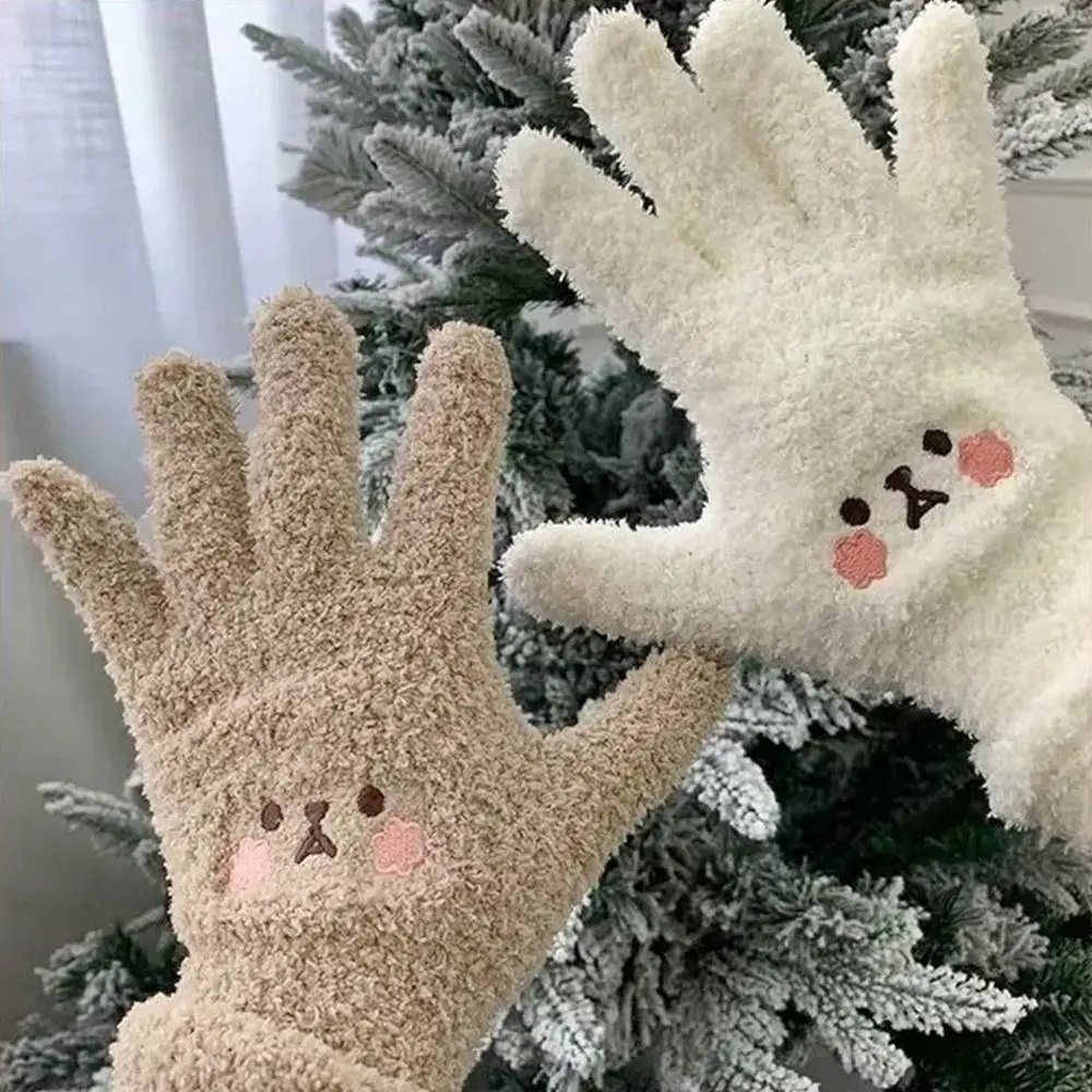 Cartoon Embroidery Blush Bear Girls Gloves Thick Knitted Cycling Gloves Warm Finger Winter Hand Protection Boys Girls Student