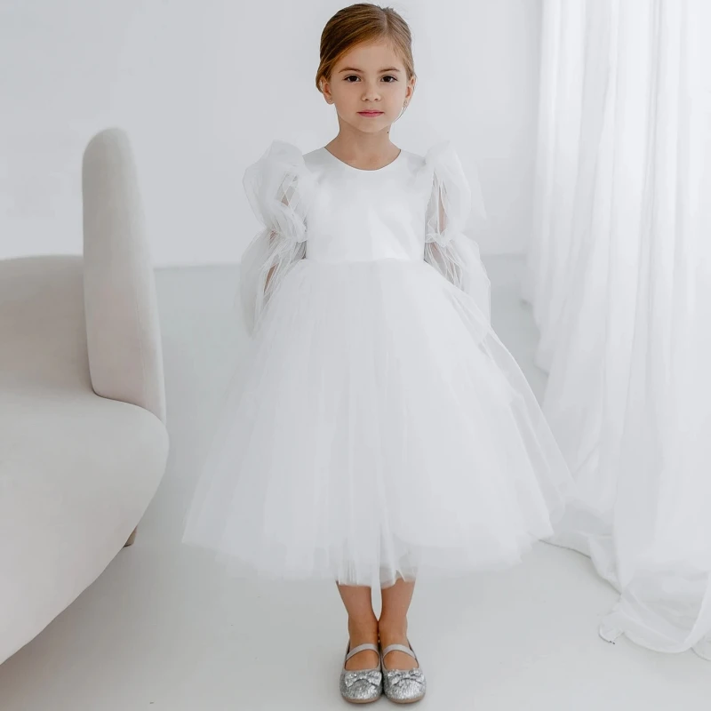 

Flower Girl Dresses White Tulle Puffy Long Sleeve For Wedding Birthday Party Banquet Holy Communion Gowns