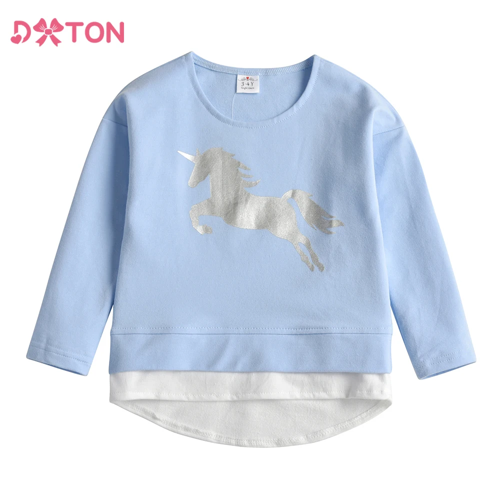 DXTON Long Sleeve Kids Tops Wear Cotton Baby Girls T-shirts Solid Spring Children Girls Tees Licorne Printed Girls Tops Clothing