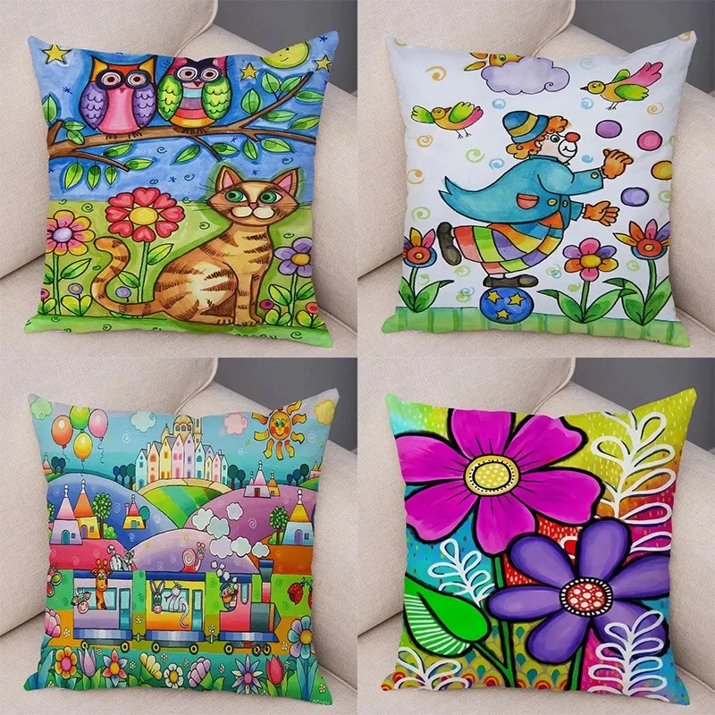 Colorful Cartoon-Patterned Digital Print Pillowcases Pattern Cushion Cover Suitable for Sofa Bedroom Car Pillow Cover