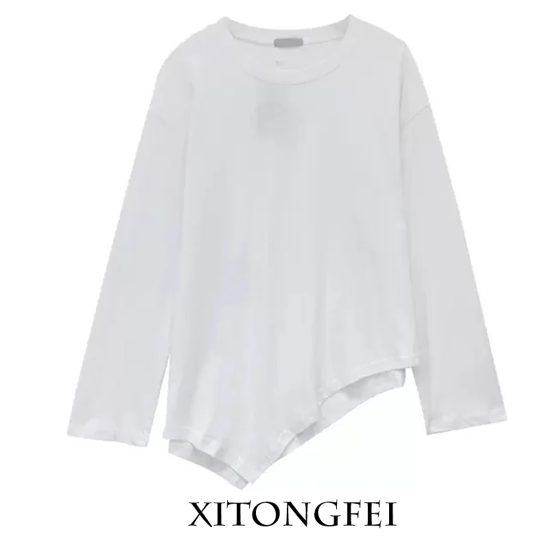 

Long Sleeve Women's T-Shirt Brand Tagless Asymmetric Base Shirt Korean Style round Neck Cotton Blend Casual Wear