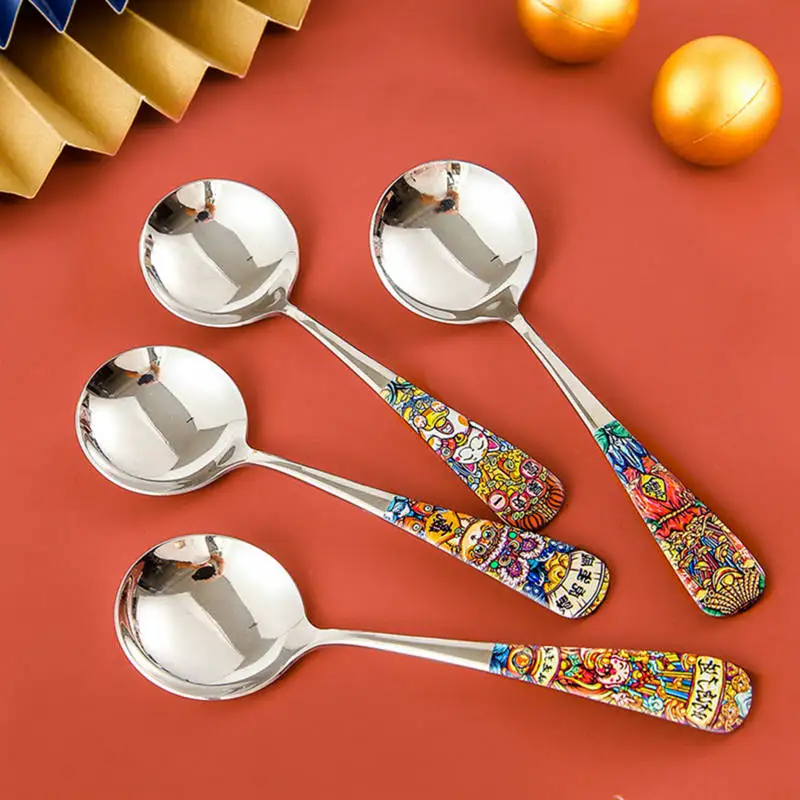 Colorful Print Handle Stainless Steel Spoon Serving Round Shape Coffee Scoops Ice Cream Dessert Tea Spoon Tableware Kitchen Tool image 3