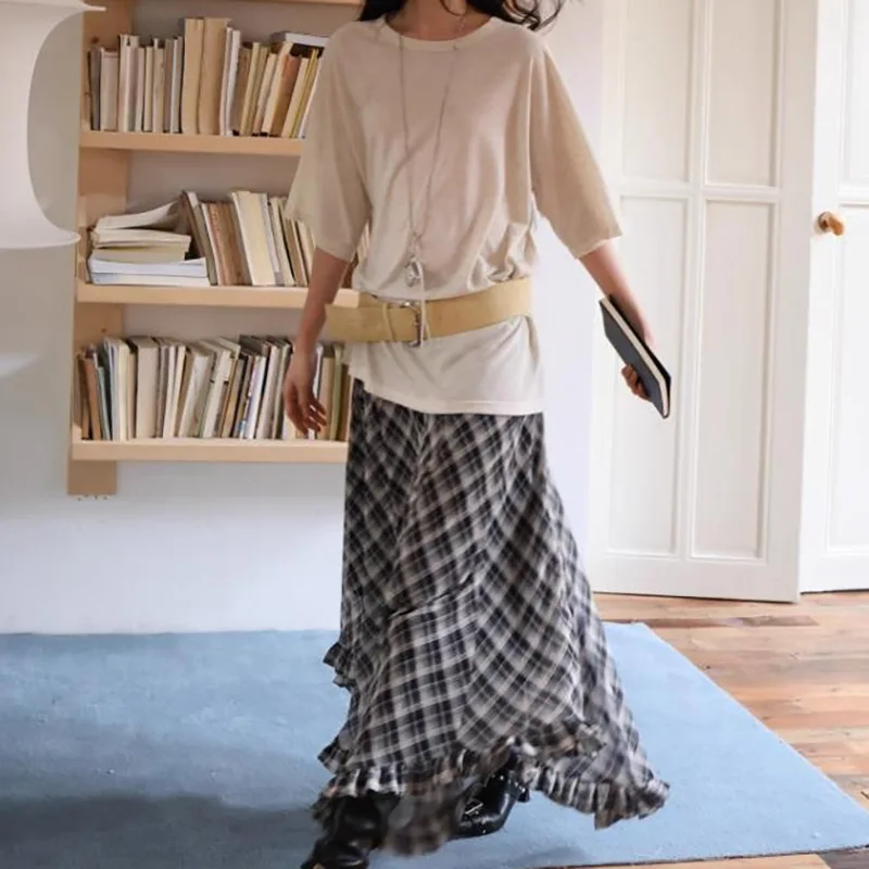 Women's Vintage Plaid Print Maxi Skirt, High Waist Flowy Ruffle Hem A Line Long Skirt, Casual Daily Vacation Wear