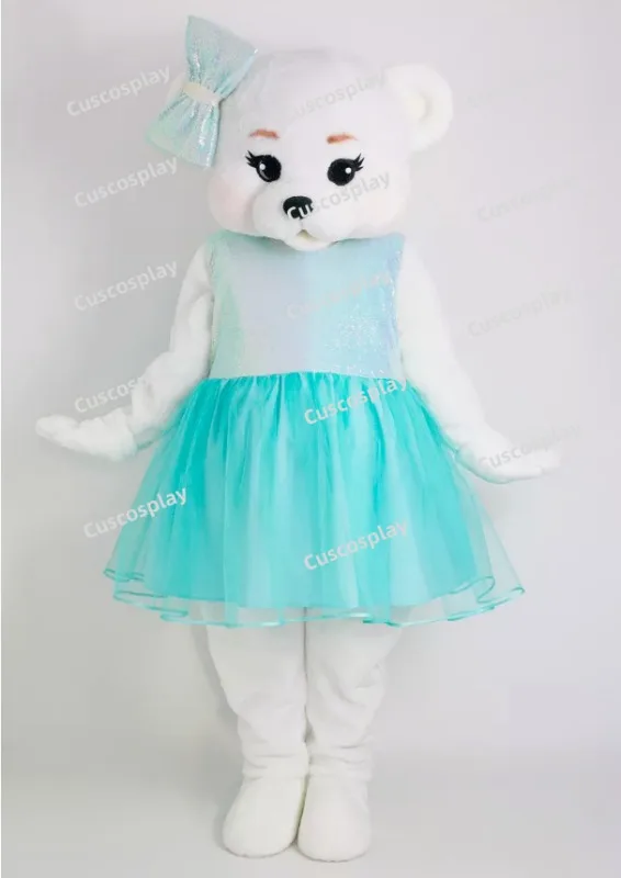 ChristmasCute Teddy White Bear Mascotte Blue Dress Fancy Cartoon Mascot Costume Plush Fancy Dress