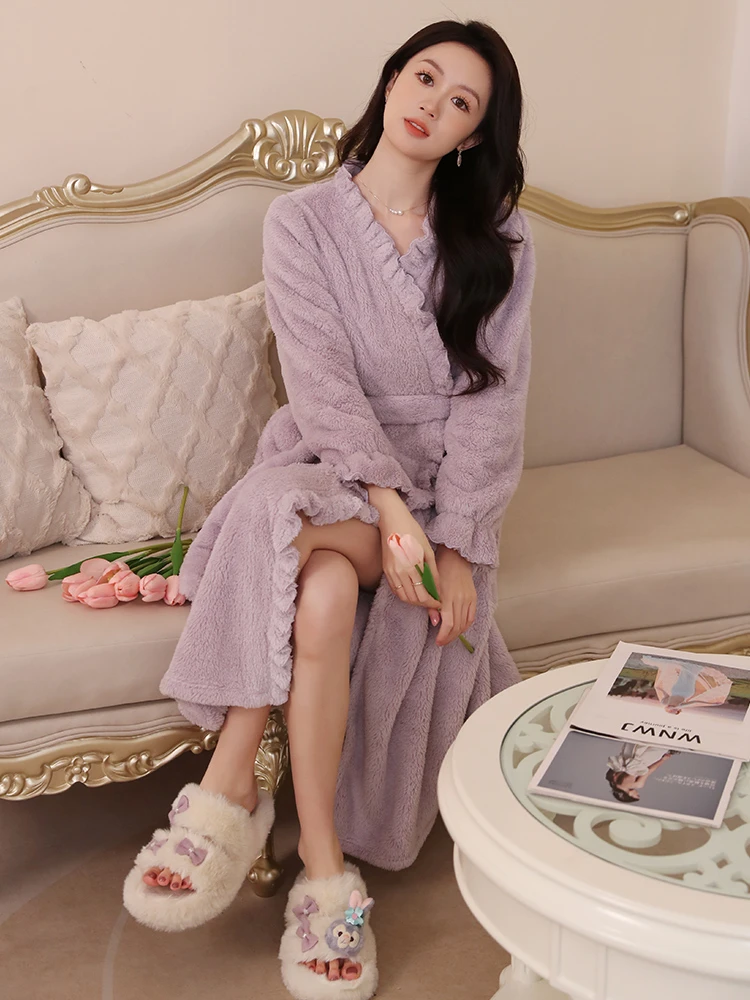 Winter Coral Fleece Robes Women Solid Ruffles Plush Plus Velvet Thicker Sleepwear Soft Comfortable Long Bathrobe Females Simple