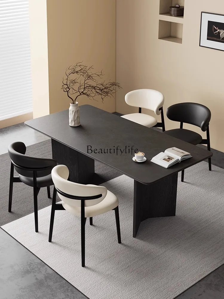 French Retro Solid Wood Rock Slab Dining Table Modern Minimalist Wabi-Sabi Cream Style Living Room Light Luxury Dining Table