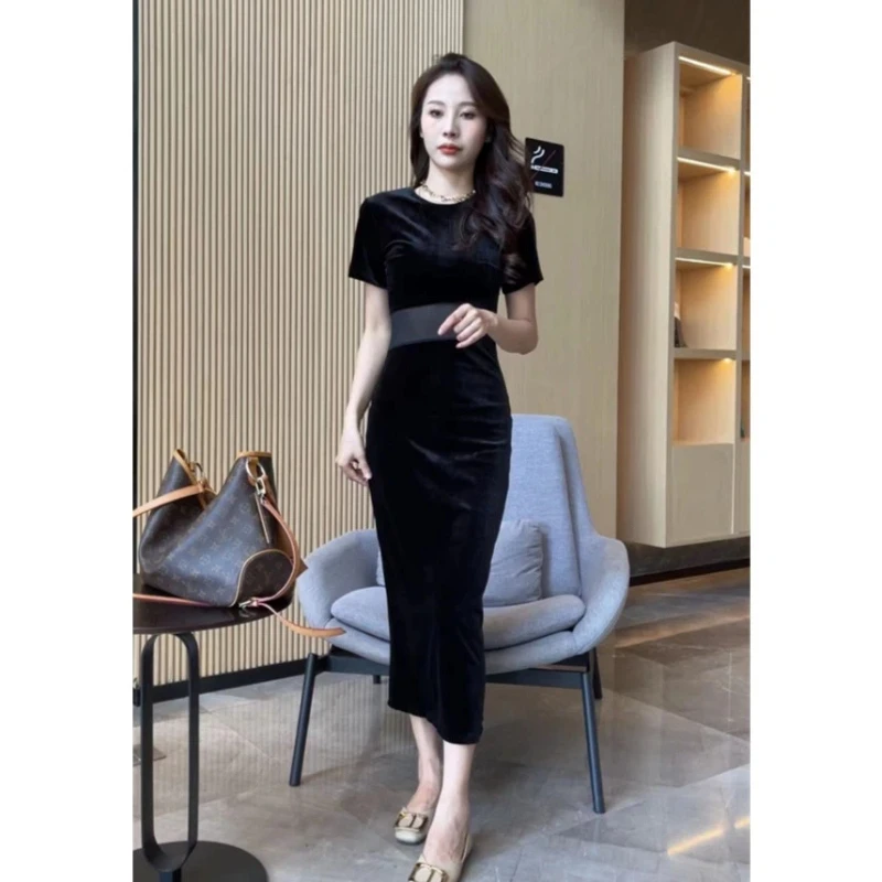 

Elegant Sheath Dress For Women With Belt Detail Slim Fit Mid Calf Length O Neck Short Sleeve Solid Color Formal Wear