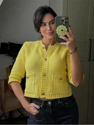 Fashion Yellow Single-breasted Round Neck Knitted Cardigan Women Chic Long Sleeve Pockets Sweater 2024 Autumn Street Knitwear