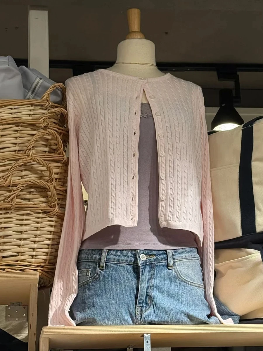 

Pink Twist Cotton Long Sleeve Knitted Cardigan Women Simple O-neck Casual Preppy Style Jumper Sweet Prepppy Style Sweater Top