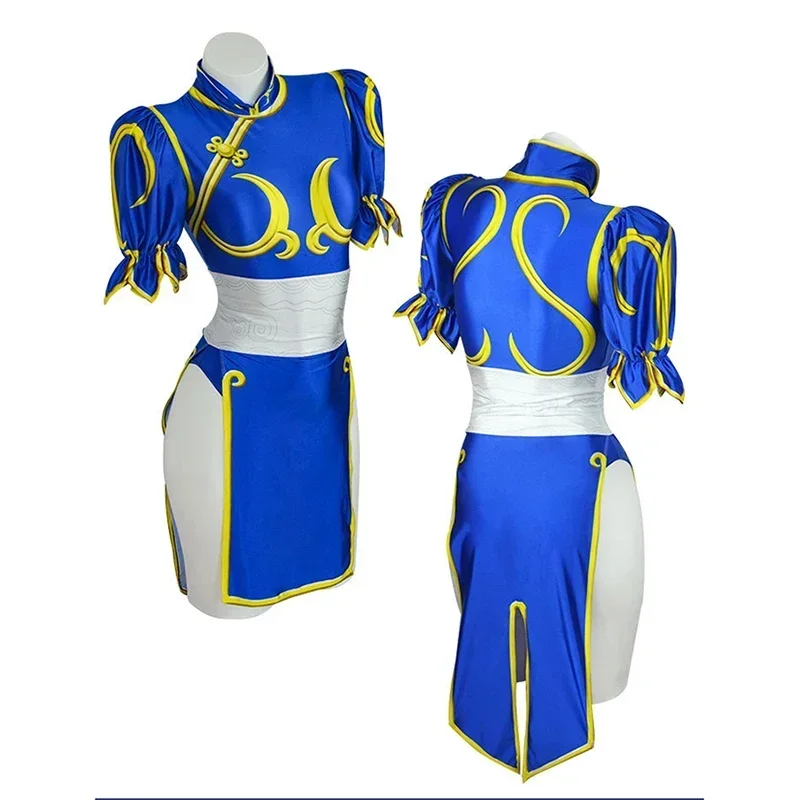 2026 Chun Li Cosplay Costumes Sutorito Faita Blue Cheongsam Dress Women Sexy Bodysuit Headwear Suit Halloween Carnival Clothing view 5