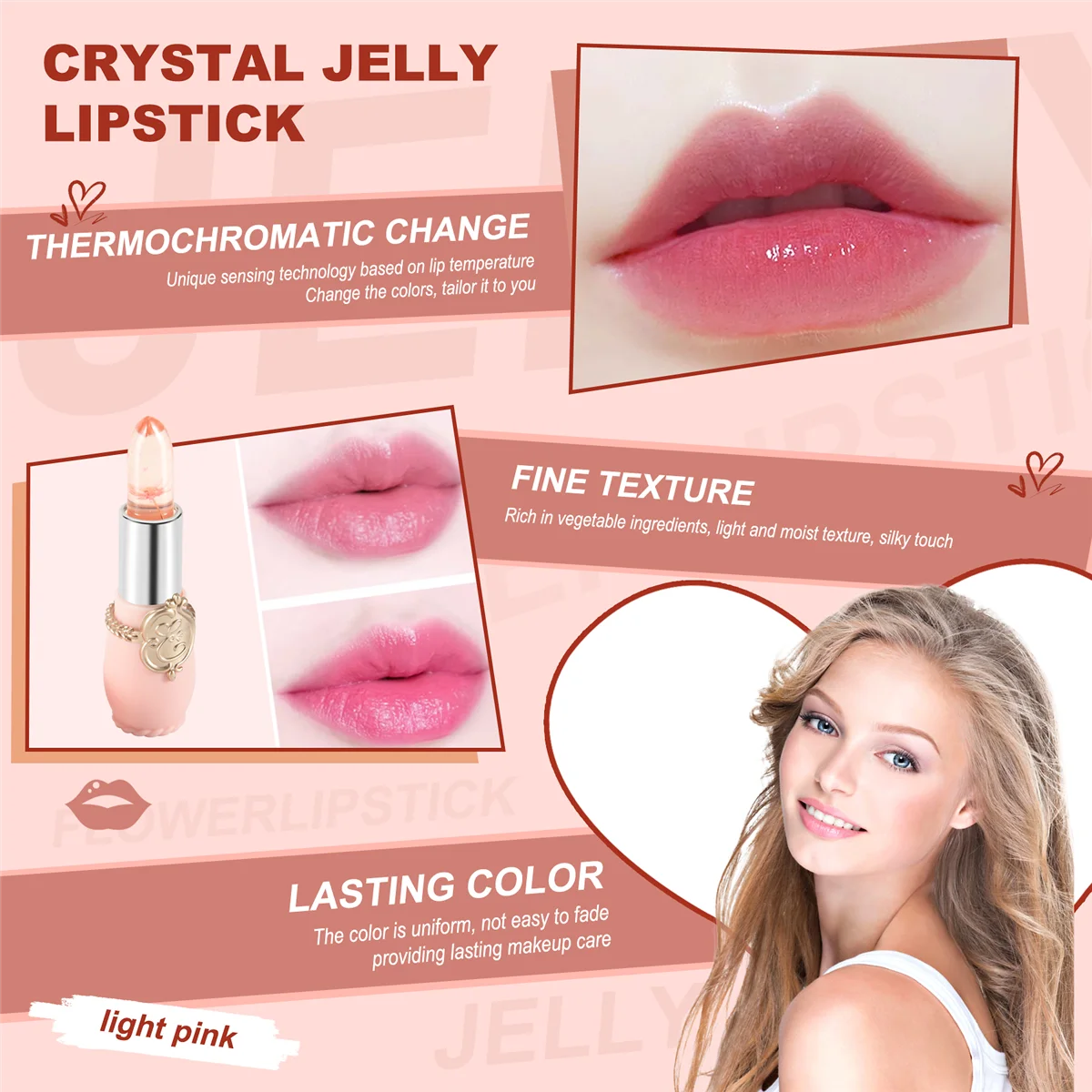 Rouge à lèvres en MSI de cristal avec fleur lumineuse, baume de maquillage rose clair, document de changement de température magique, beauté, Jules