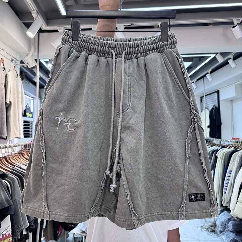 Embroidered Washed and Worn-out Heavyweight Shorts, American High Street Drape, Deconstruction and Splicing Drawstring Capris