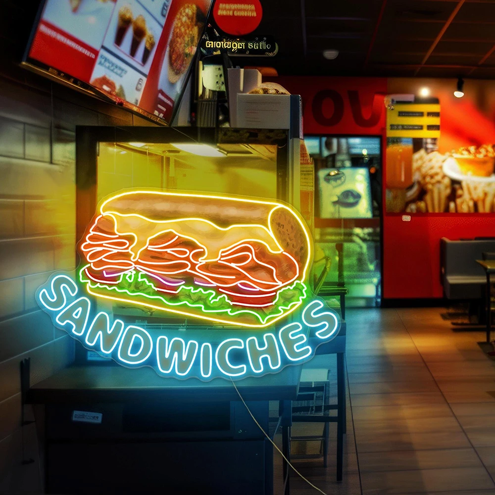 Sandwiches Neon Bord Ontbijt Bakkerij Decor Custom Business Neon Bord Sandwich Muur Decor Restaurant Fastfood Welkom Led Licht