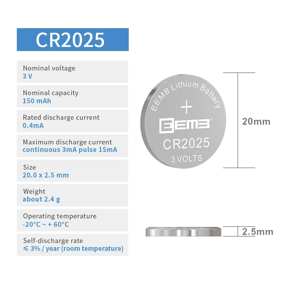 EEMB 3V 210mAh High Capacity Coin Cell CR2025 Battery. Long-Lasting Power for Watches, Car Keys, Electronic Devices, Bulk Pack.