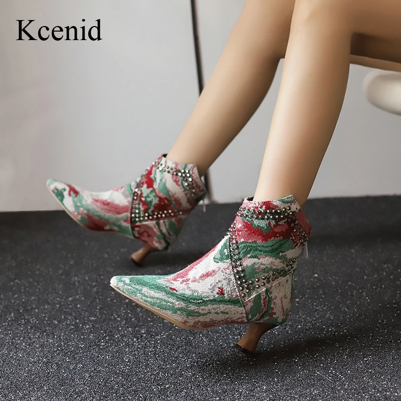 Kcenid Fashion Rivet Pointed Toe Short Boots For Women New Autumn Winter High Heels Ankle Boots Ladies Shoes Large Size 48 49 50