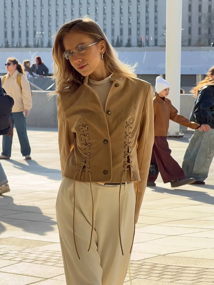 2026 Autumn Suede Women's Jacket Elegant Lace Up Long Sleeve Single Breasted Stand Collar Female Coat All-match Lady Outwear New