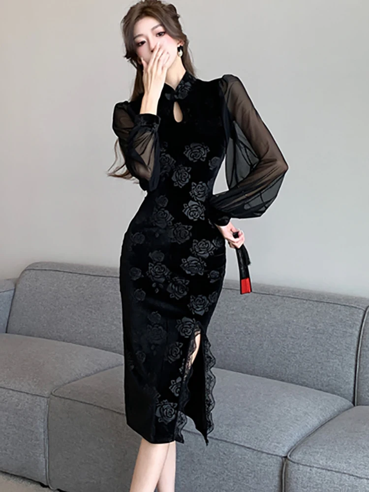 Autumn Winter Black Velvet Jacquard Floral Long Dress Women Chic Patchowrk Mesh Dress 2024 Korean Elegant Lace Slit Sexy Dresses