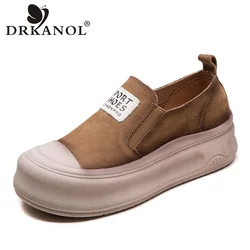 DRKANOL 2026 Women Flat Platform Shoes Round Toe Slip On Loafers Ladies Genuine Leather Mixed Colors Literary Style Casual Shoes