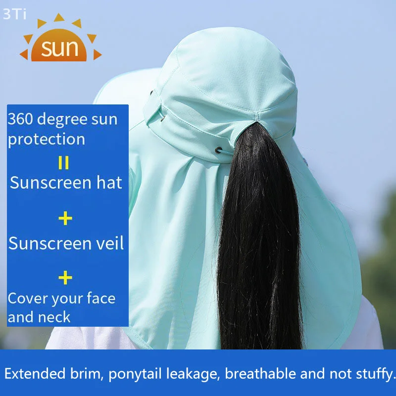 여성 와이드 브림 페이스 마스크 태양 모자 분리형 목 페이스 플랩 포니 테일 UV 보호 바이저 모자 정원 낚시 하이킹
