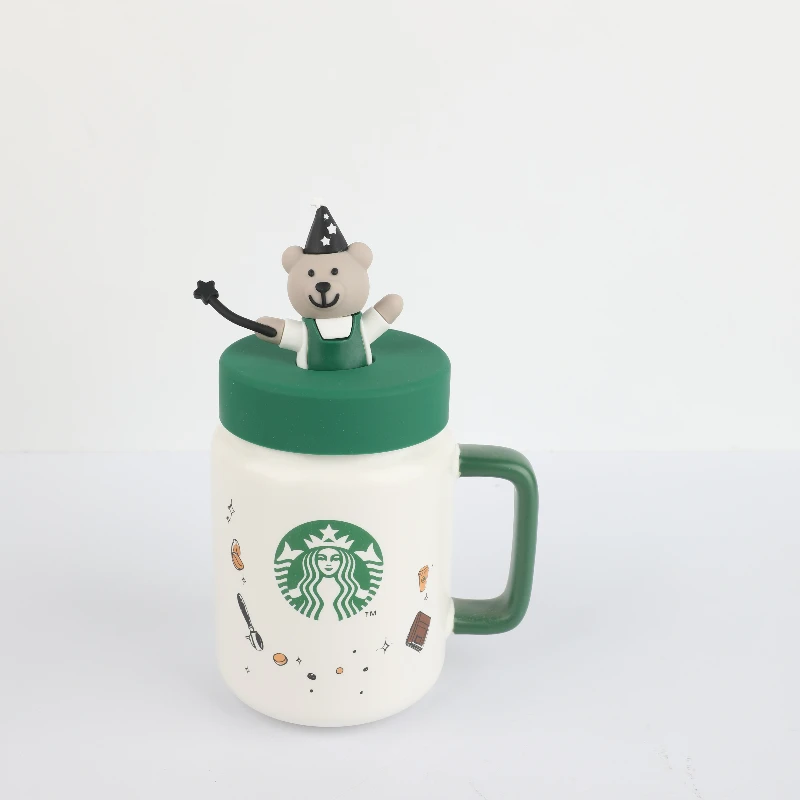 Caneca Starbucks com Tampa de Silicone Urso Mágico 435ml, Copo de Cerâmica Estilo Mason, Coleção Eco, Presente Perfeito para as Festas