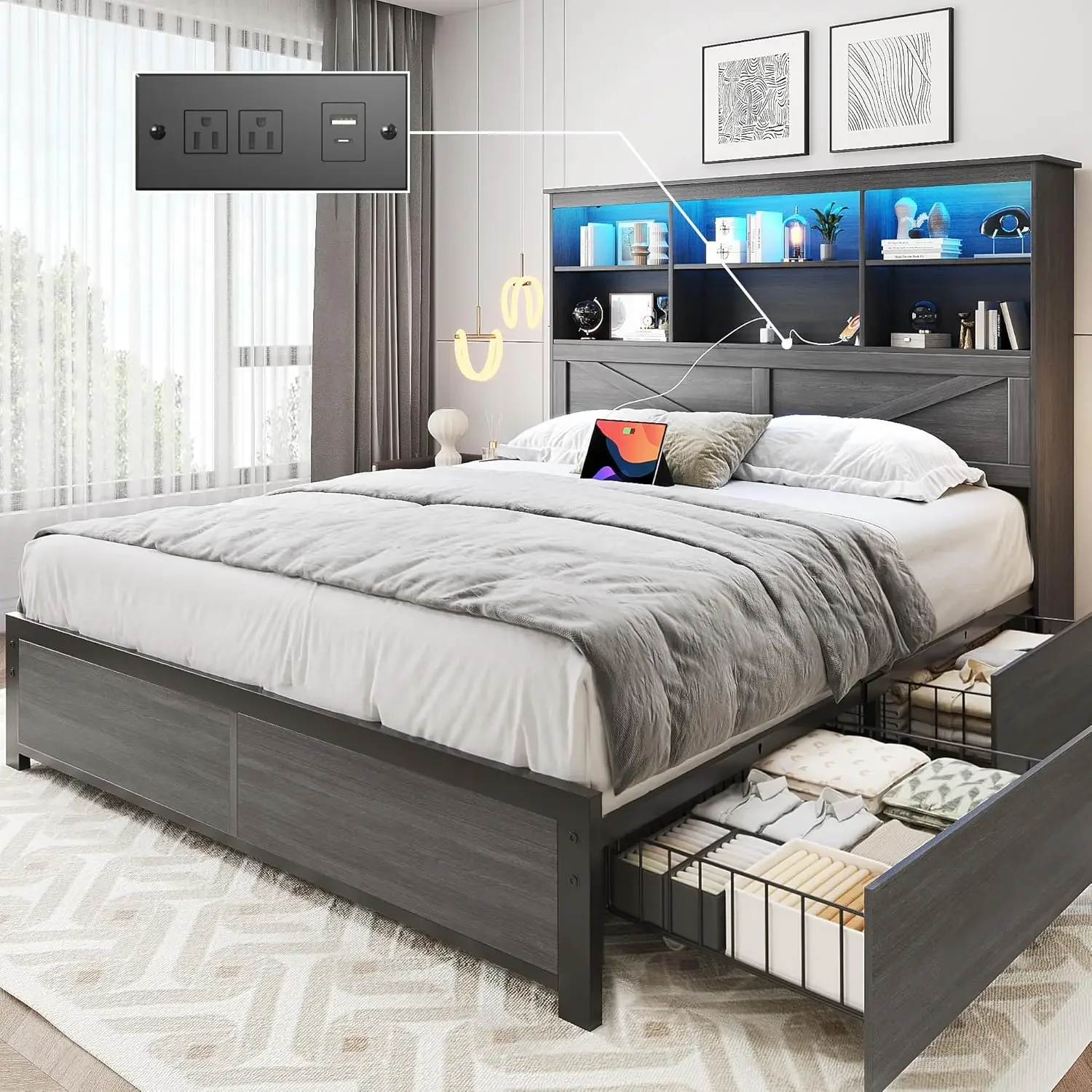 Large bed frame with headboard, high storage bookshelf, 4 storage drawers, LED and charging station.