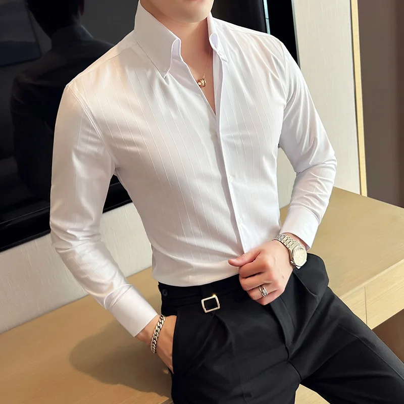 2023 Summer Men Fashion Business Shirt British Gentleman Korean Slim Fit Solid Color Male Half Sleeve Shirt Solid Casual Blouses