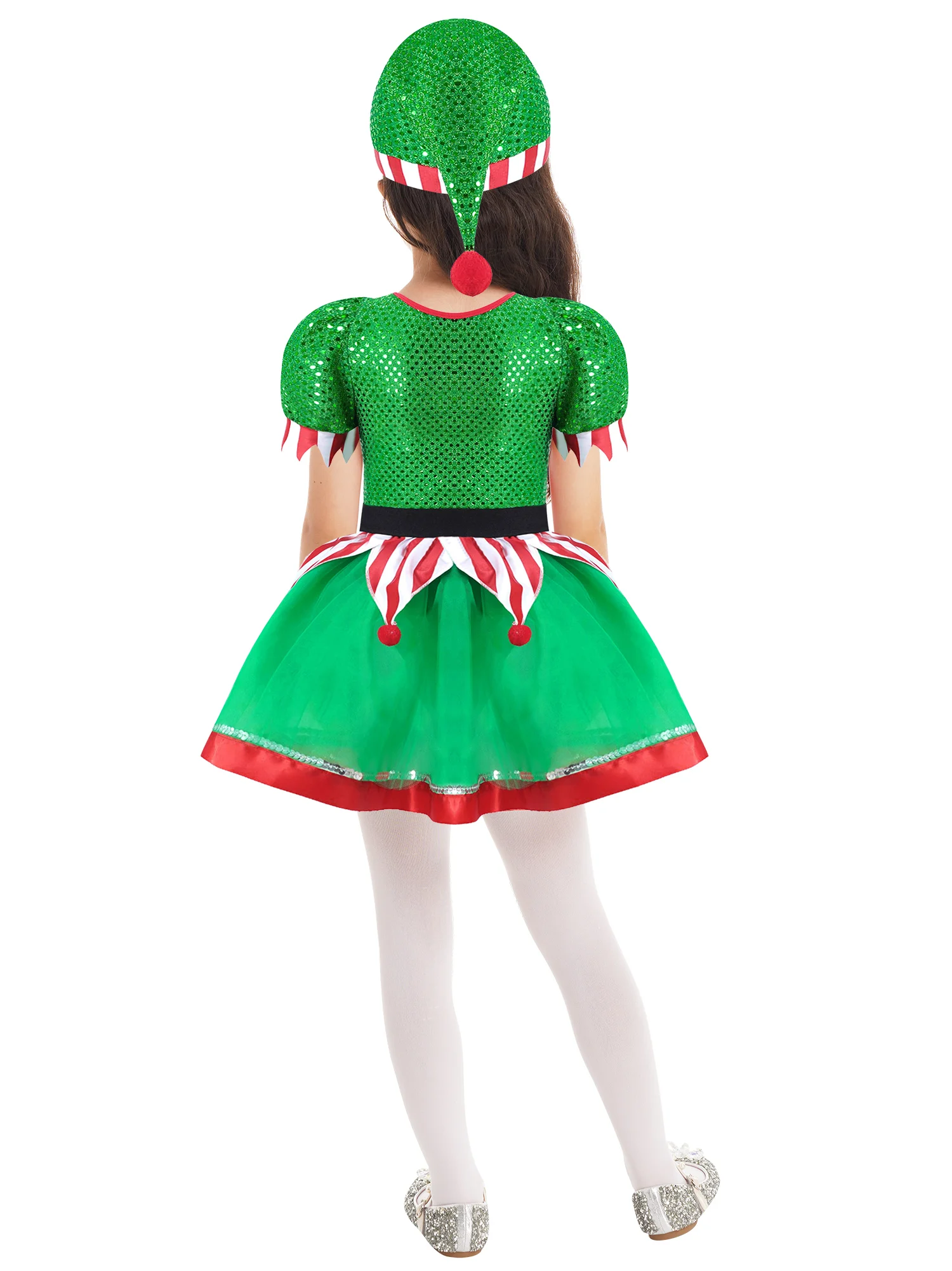 Girls Christmas Cosplay Elf Dress Sequins Pompoms Adorned Mesh Tutu Dresses With Hat Kids Xmas Theme Party Performance Costumes