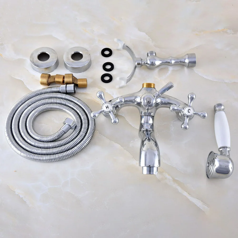 Modern Chrome Brass Wall Mount Bathroom Bathtub Faucet Set WITH/ 1500MM Handheld Shower Spray Head Mixer Tap Dtf813