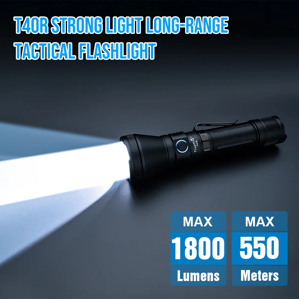 Trustfire T40R Army Tactical Led Flashlight 1800lumen 550meter Rechargeable LED Torch With Alluminum Alloy Holder and Rattail Switch Usb Charging Self-Defense Ip68 Torch