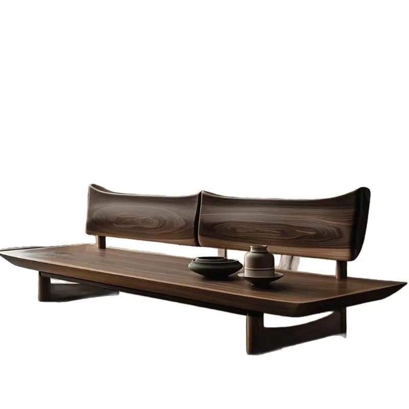 Chinese walnut-colored solid wood sofa, living room straight row small apartment furniture