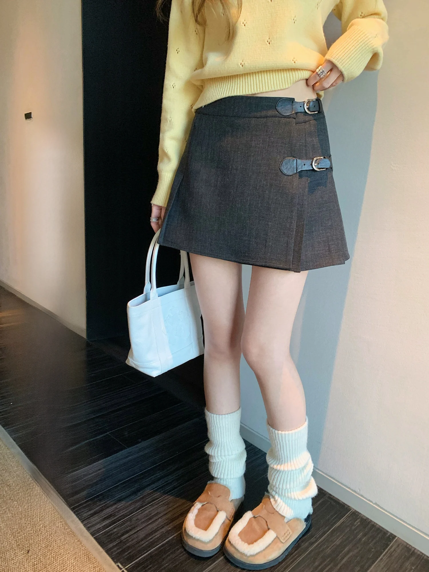 

Re Rebelling Grey Suit Pleated Skirt Women High-End Feel Leather Buckle Short Skirt Half-length Skirt A-line Skirt