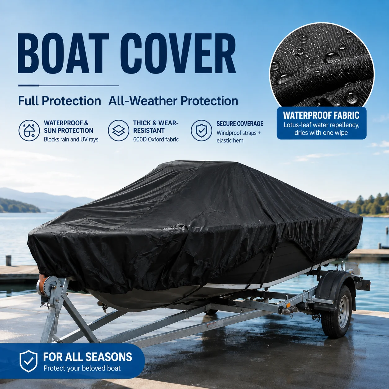 190T Polyester PU Coated Boat Cover Black Heavy‑Duty Waterproof Anti‑Scratch UV‑Proof 11‑22FT Marine Protector With Storage Bag