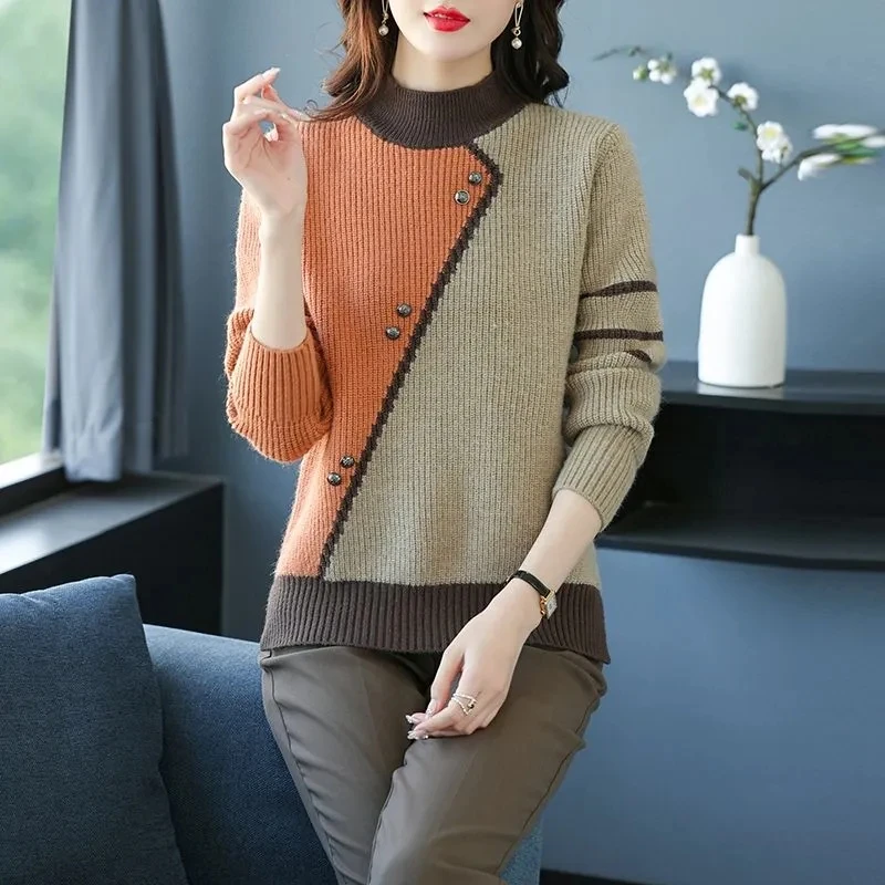 Semi-turtle Neck Sweater Women Autumn Winter New Color Matching Knitted Bottoming Shirt Top Korean Long Sleeve Pullover Top