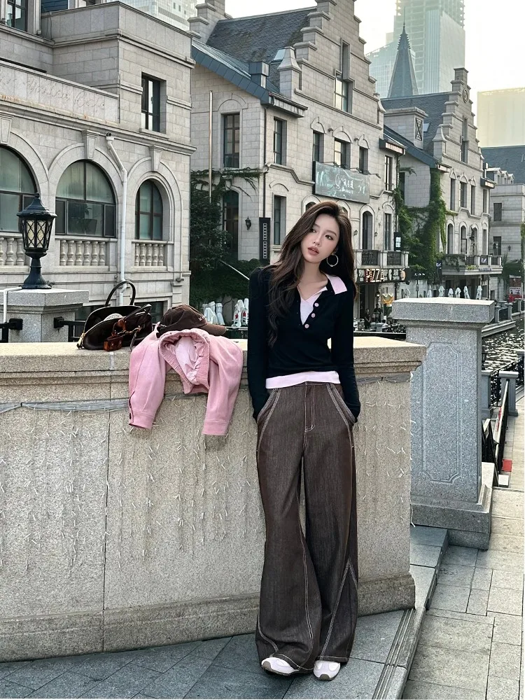 

ZQ Ziqing Loose Casual High Waist Cotton Jeans Color Blo Stitching Design Spring Autumn Floor Length Ladies Faion Trousers