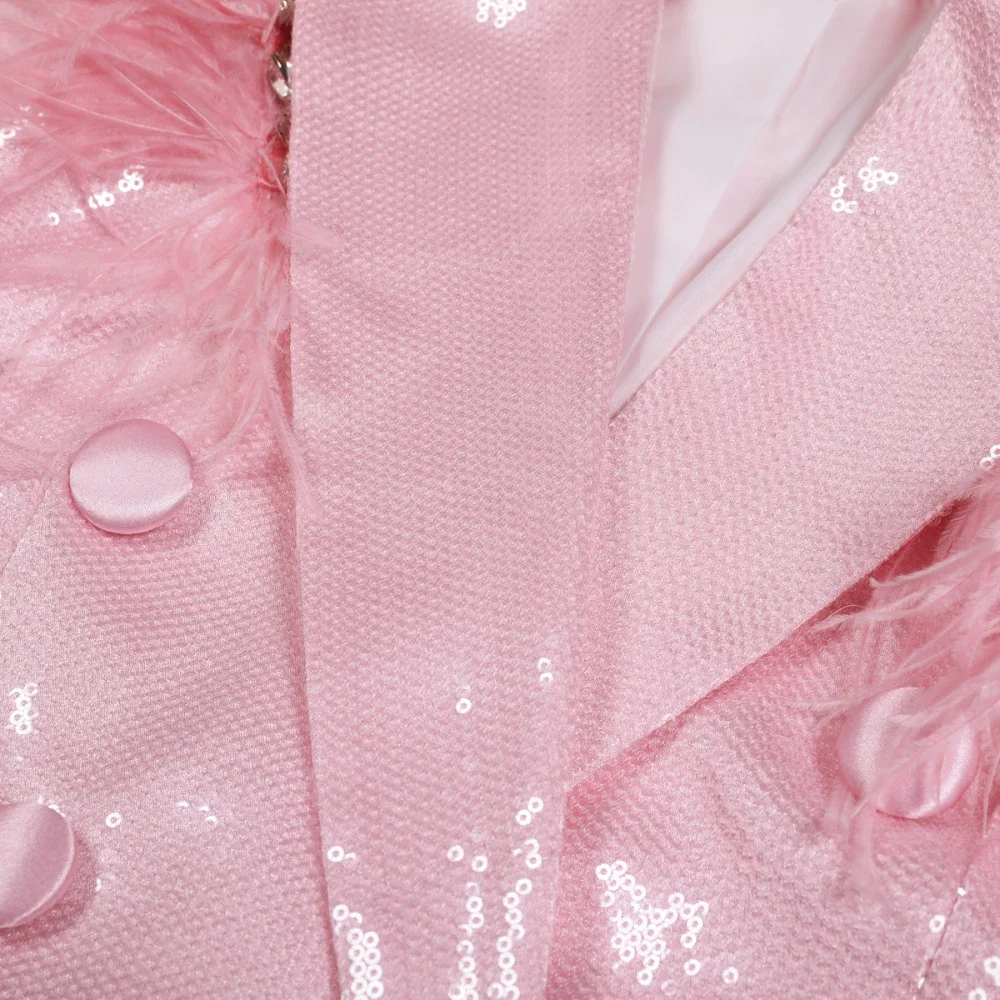 Pink  Sequins Fashion Coat Solid Loose Spliced Feather Blazer Women Lapel Long Sleeves Patchwork Clothing New party outfit