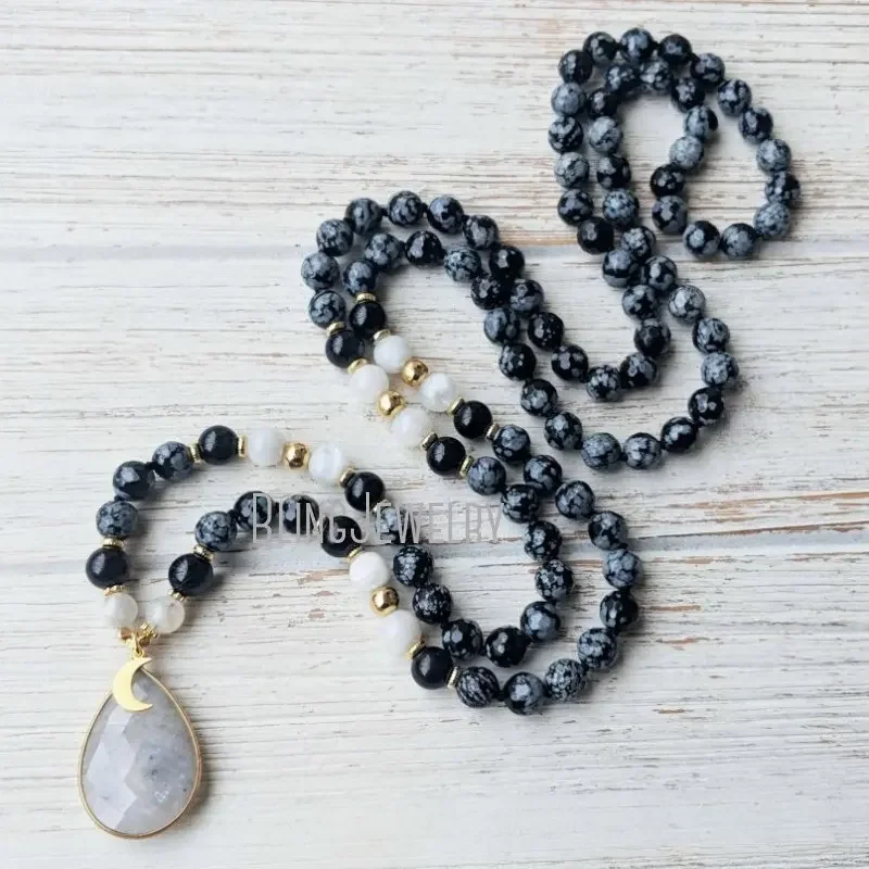 10pcs Moonstone Japamala Natural Stone 108 Mala Bead Long Layer Necklace Black Tourmaline Obsidian Women Prayer Yoga Jewelry