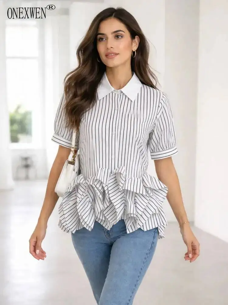 ONEXWEN Women Vertical Stripe Lapel Shirt Short Sleeve Button Down Blouse Irregular Ruffle Casual Shirts Elegant Office ZM5362