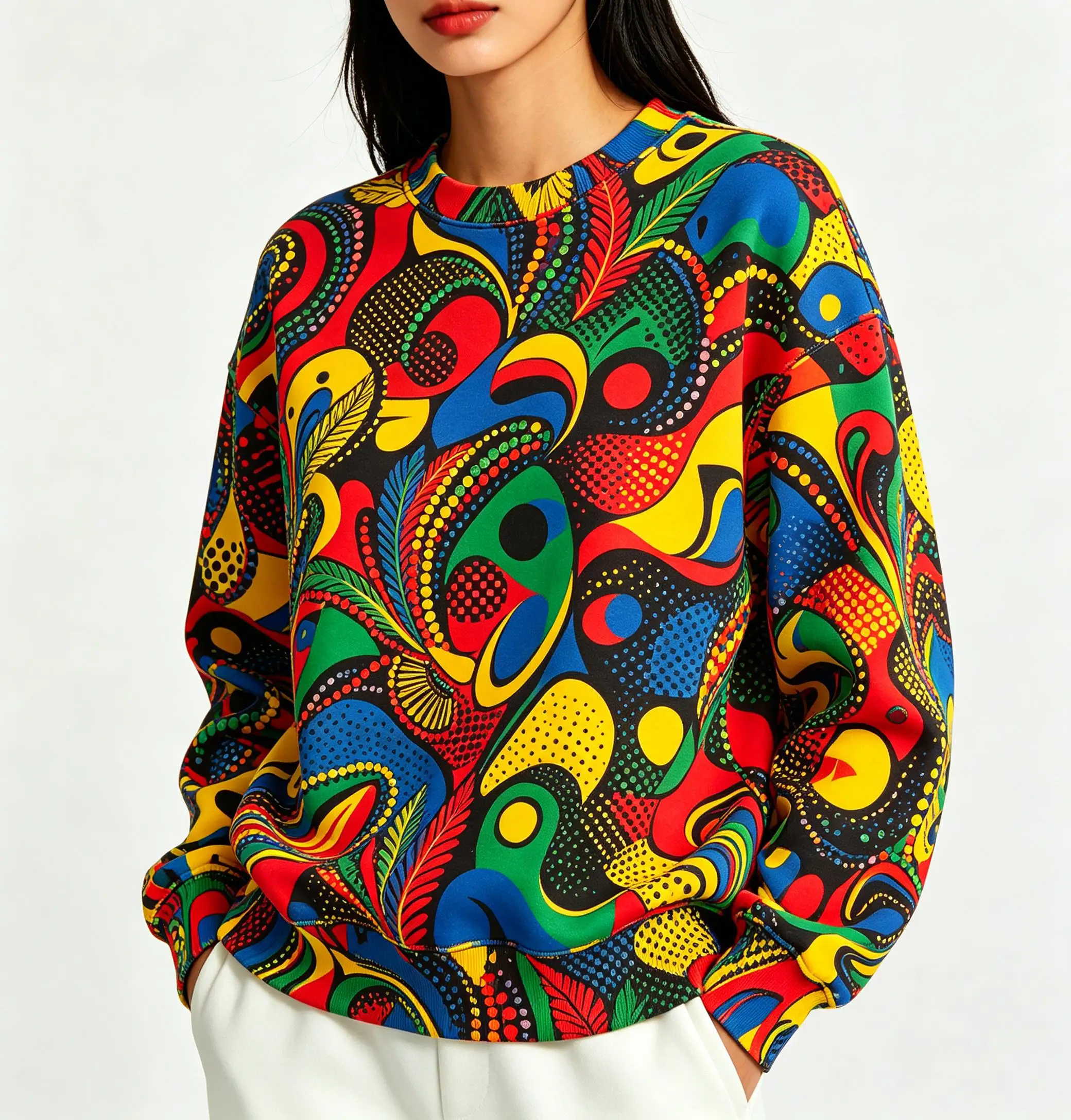 Women Crew Neck Fleece Sweatshirt Colorful Abstract African Tribal Dot Swirl Print Long Sleeve Loose No Hood Warm Pullover