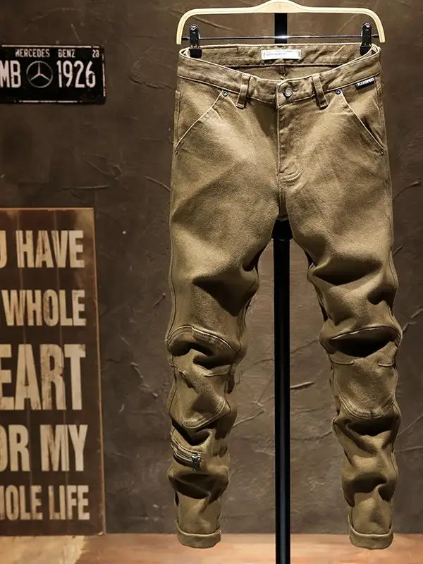 

Весенне-осенние мужские джинсы цвета хаки в стиле рабочей одежды, с пэчворком, зауженные, эластичные, с декоративной молнией, повседневные брюки для молодежи