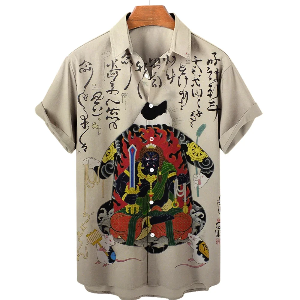 Japanese Art Samurai Cat Pattern Print Short Sleeve Shirt Men\'s Casual Comfortable Top Lapel Button-Down Shirt