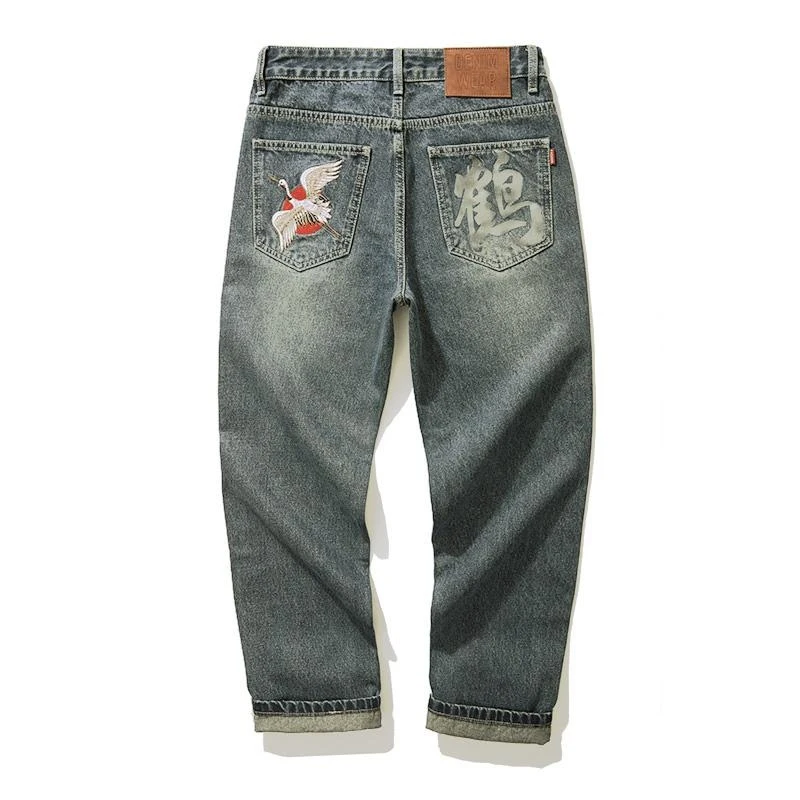 

Новые мужские джинсы 2026 года в китайском стиле с вышивкой и принтом, свободный прямой крой, большие размеры, винтажный стиль, повседневные джинсы