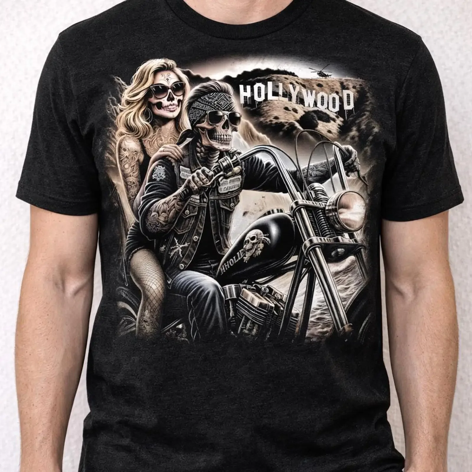 Biker Skeleton w passengar Digital Download vintage Washed Unisex Breathable Versatile designer clothes Top For Everyday Wear