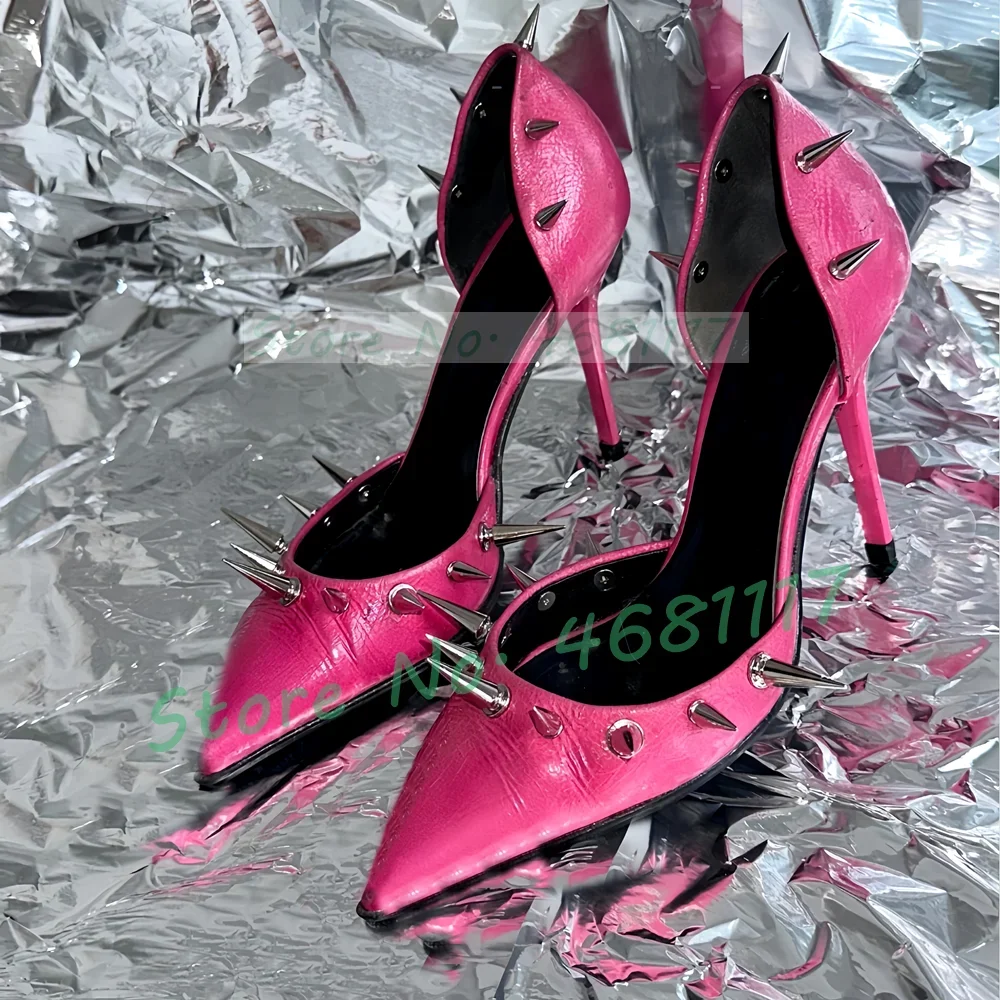 

Pink Leather Pointed Toe Pumps With Long Spike Women Luxury Thin High Heels Shoes Sexy Ladies Metal Decor Feminine Party Shoes
