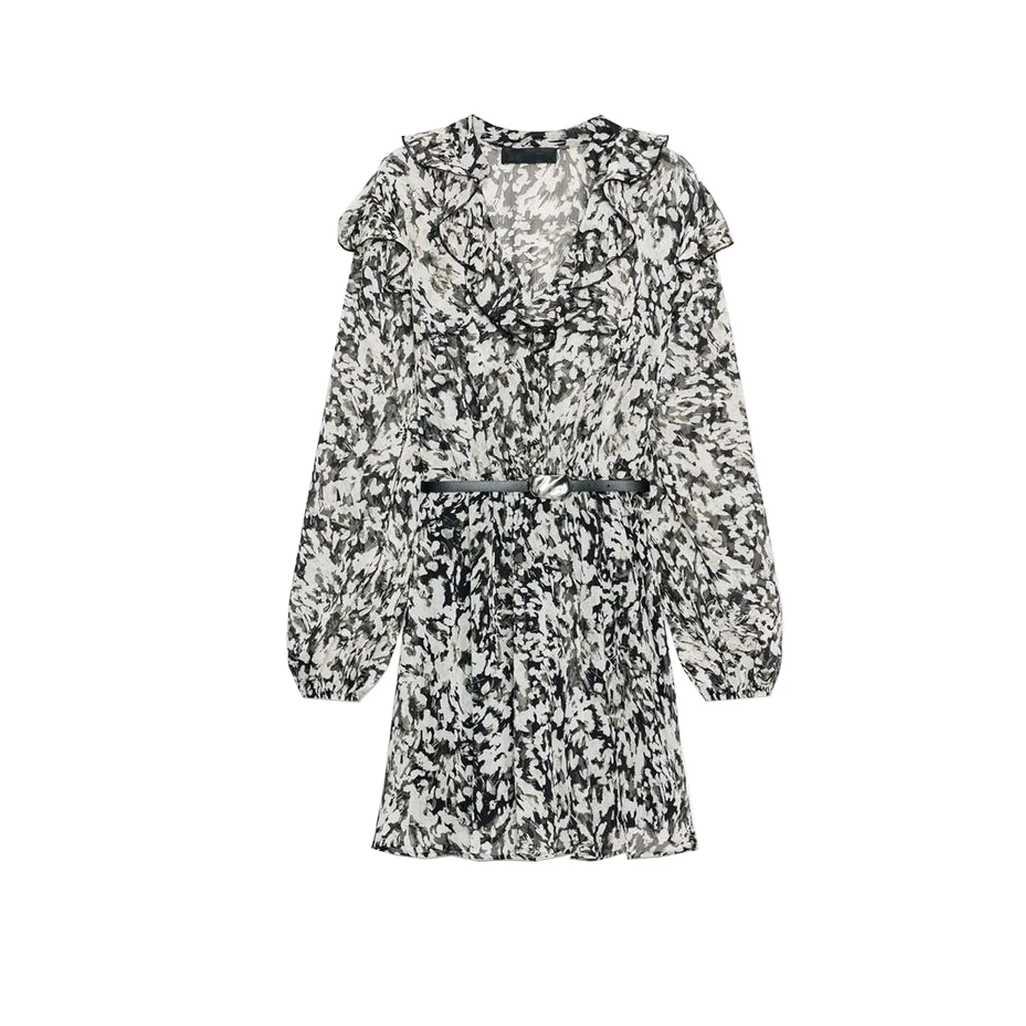 Outono feminino v-ne longo sve impresso dr com cinto em camadas decoração europeu sle fibra de poliéster saia linha a