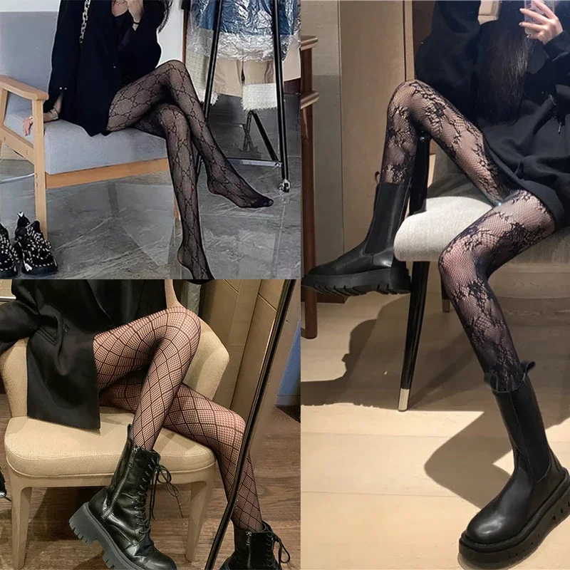 Sexy Black Fishnet Stockings Women Pantyhose Lettering Pantyhose Logo Lolita Hollow Out Pantyhose  Party Luxury Tights Stockings